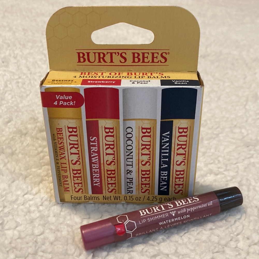 NWT Burt’s Bees 4 Pac Lip Balms and Watermelon Lip Shimmer Stick
